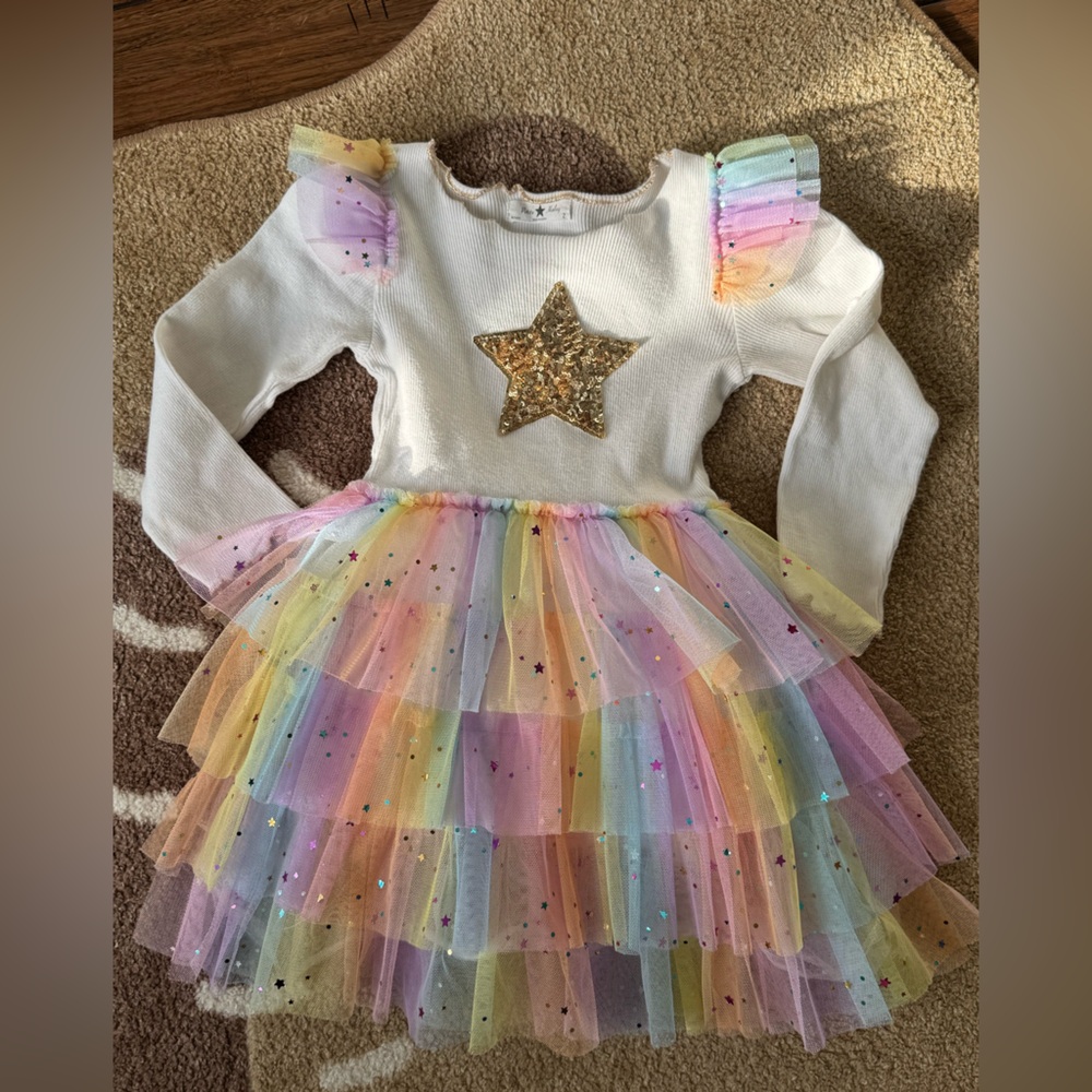 Petite Hailey Rainbow Tulle Dress with Gold Star 2Y